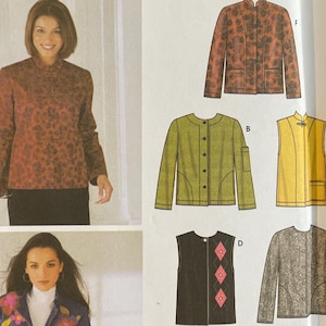 May include: Simplicity sewing pattern featuring various jacket designs. The pattern includes options for a floral print jacket, a green jacket, a yellow vest, a black vest with pink diamonds, and a gray jacket. The pattern size is BB L, XL.