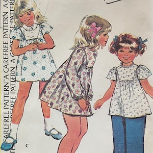 McCalls 3991 Pattern UNCUT 1970s Little Girl&#39;s Yoke Bodice Dress or Top Peter Pan Collar Short Long Sleeves Mini Length - Size 4