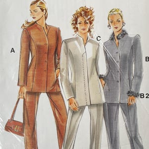 May include: A sewing pattern for women's suits. The pattern features three suit designs in different colors: a brown suit, a white suit, and a gray suit. The pattern includes sizes 34-46 / 8-20. The brand name is Avantgarde.