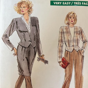 May include: A vintage Very Easy Very Vogue sewing pattern, size 12-14-16. The cover shows illustrations of women's suits, including a skirt suit and a pantsuit. The text "VERY EASY / TRÈS FACILE" is displayed in a green banner.