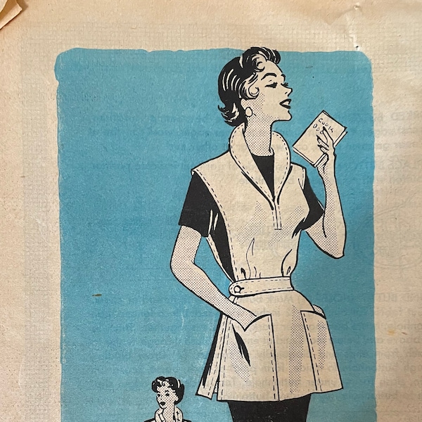 Anne Adams Mail Order Pattern 4669 CUT Complete Vintage 1950s Cobbler Style Apron Top Shawl Collar Self Belt Pockets Size 14 Bust 32"