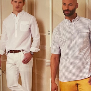 May include: Vogue Patterns sewing pattern for men's shirts and shorts. The pattern features two men's outfits: a white long-sleeve shirt with white pants and a short-sleeve checkered shirt with yellow shorts. The pattern size is MXX (40-42-44-46).