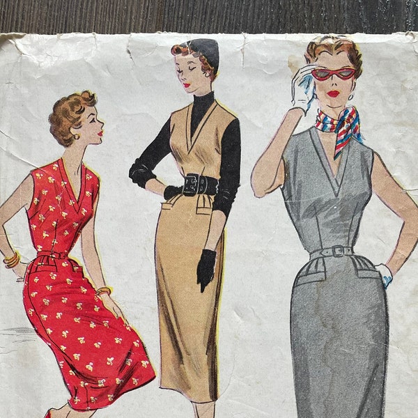 McCalls 9748 Pattern CUT MISSING Facing 1950s Vintage V Neckline Jumper Dress Wiggle Midi Skirt Pockets Waist Darts Size 14 Bust 32 VA