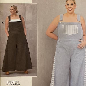 May include: A sewing pattern by Alisha Grace, Know Me by Mimi G, featuring a woman wearing overalls. The pattern is size K5 (8-10-12-14-16). The overalls are light blue with white striped accents. The pattern is designed and made in the USA.
