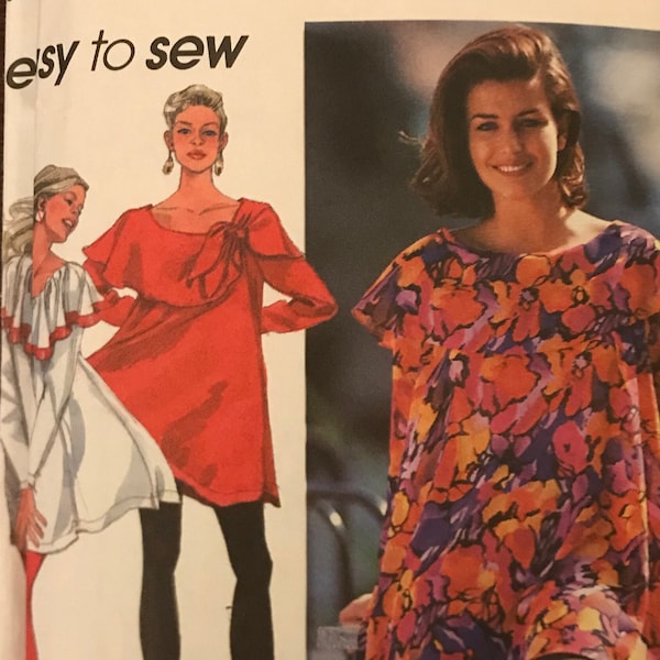Simplicity 8076 Pattern CUT Complete 1990s Vintae East to Sew Loose Fitting Trapeze Style Top Ruffled Shawl Colllar Tie Trim Size L XL