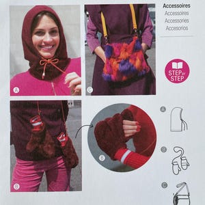 May include: A Burda Style sewing pattern envelope, number 5759, featuring instructions for a hooded cowl, mittens, and a faux fur shoulder bag. The white paper envelope displays photographs of the finished items and line drawings for each design.