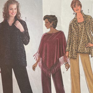 May include: A Butterick sewing pattern, B4303, featuring illustrations of women's clothing designs. The pattern includes options for a black jacket and pants, a burgundy poncho with fringe, and a leopard print jacket and pants. Sizes 26W-32W and 44-50 are included.