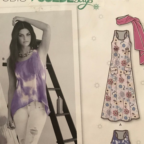 New Look E6102 6102 Pattern UNCUT Sleeveless Top Sundress Maxi Racer Back Empire Waist - Fish Tail Hem and Scarf - size 4 6 8 10 12 14 16