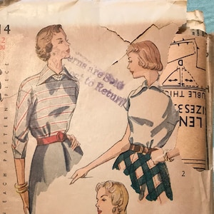 Simplicity 2614 Pattern CUT Complete 1940s Vintage Back Button Blouse Wide Pointed Collar Short 3/4 Long Sleeves Fitted - Size 12 Bust 30