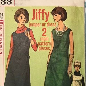 Simplicity 6133 Pattern CUT Complete 1960s Vintage Jiffy Sleeveless Jumper or Dress A-Line Knee Length Back Martingale Belt Size 16 Bust 36&quot;