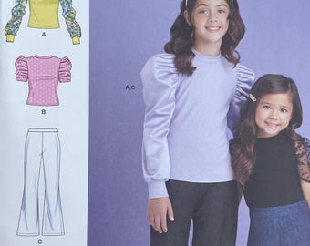 Simplicity S9863 9863 Pattern UNCUT Girl's Leg of Mutton Gathered Cap Tapered Sleeve Top Cuffs Contrast Slightly Flared Pants 3-6 7-14 VA