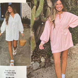 May include: A sewing pattern package featuring a woman in a pink dress and a white dress. The package includes the text "ALISSAH THREADS knowME by mimiG" and size information. The package also includes a QR code for a sew-along video tutorial.