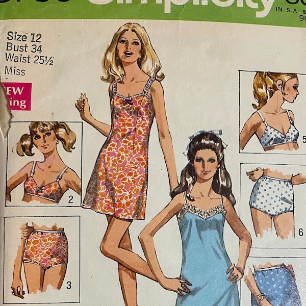 Simplicity 8750 Pattern CUT MISSING Strap & Panties 1970s Lingerie Collection with Mini Full Slip Half Slip, Bra - Size 12 Bust 34