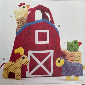 May include: A sewing pattern featuring various farm animal plushies, including a red barn, horse, pig, chicken, cow, dog, cat, sheep, and bunny. The pattern is labeled "4026" and "Butterick".