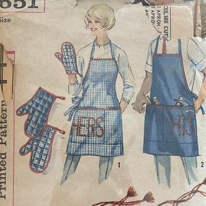May include: A sewing pattern for a his and hers gift-pac. The pattern includes aprons, pot holders, and utility bags. The pattern is labeled "Simple to Make" and includes instructions for making both his and hers versions of each item. The pattern also includes transfers for adding the words "His" and "Hers" to the finished items.