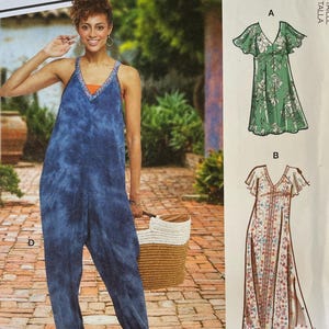 May include: McCall's sewing pattern featuring a woman in a blue jumpsuit. The pattern includes multiple view options with simple instructions. The pattern also includes two dress designs. The text "#CarmenMcCalls" is visible.