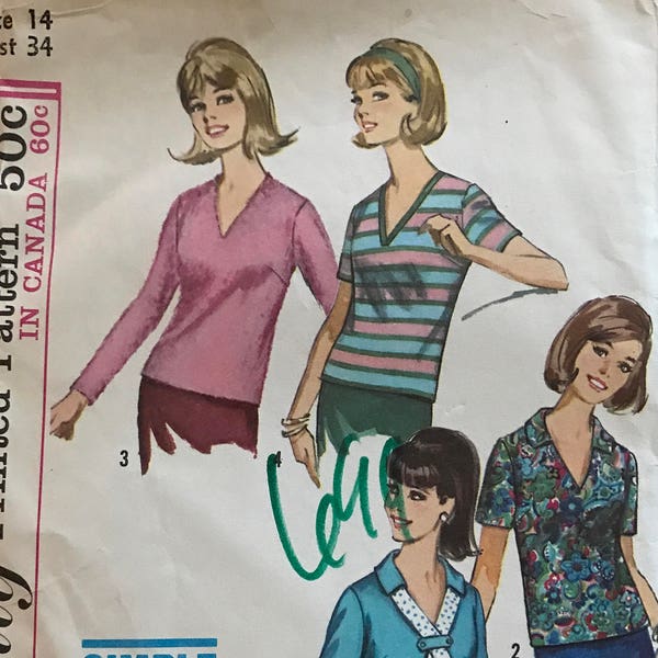Simplicity 6101 Pattern 1960s Easy  Back Zipper Blouse with V Neckline Contrasting Tie Under Collar Button Tab Size 14 Bust 34 CUT/Complete