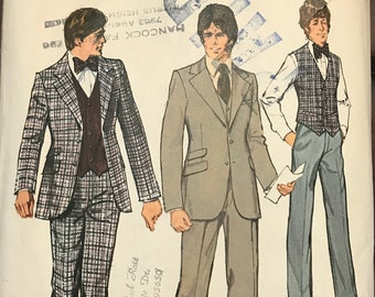 Simplicity 6374 Pattern CUT Complete 1970s Mens Three Piece Suit Weskit Vest Notched Collar Jacket and Straight Legged Pants SIze Chest 38