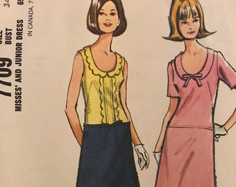Vintage McCall's Sewing Pattern 7709 Misses' 1960's Long Waisted Dress U Neckline Size 12 Bust 32 Uncut