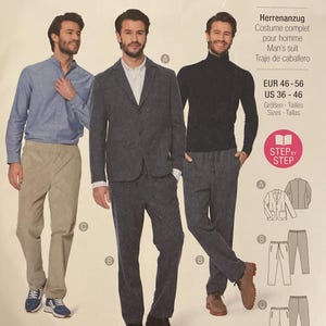 Burda 5955 Pattern UNCUT Mens Style Two Piece Suit Notched Collar Jacket Pockets Semi Fitted Straight Legged Pants Size 36-46