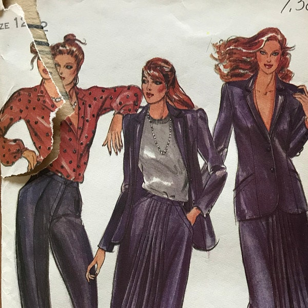 Butterick 3379 Pattern UNCUT 1980s Bagatelle Princess Seamed Blazer Below Hip Length Notched Collar Pleated Skirt and Straight Pants Size 12