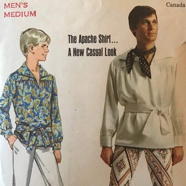 Butterick 5283 Pattern CUT Complete 1970s Mens Apache Shirt with Slash Front Wide Pointed Collar Long Gathered Sleeve Sash Belt Size Medium