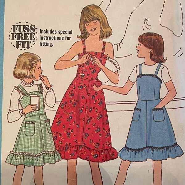 Simplicity 8544 Pattern CUT Complete 1970s Vintage Fuss Free Fit Girls Sleeveless Fit Flare Jumper Dress Ruffle Trim Lace Pockets Size 10 VA