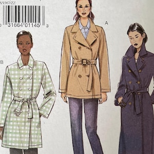 May include: Vogue sewing pattern V9367 featuring three double-breasted trench coats. The pattern includes sizes LRG-XXL. The coats are shown in tan, green plaid, and navy blue. The pattern includes a belt and various design options.