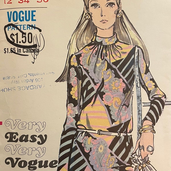 Vogue 7739 Pattern CUT Complete 1970s Vintage Very Easy One Piece Dress Standing Bias Roll Collar Long Sleeves Mini Length Size 12 Bust 34"