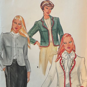 May include: A vintage sewing pattern for a blazer, featuring three different styles. The pattern is for size 6 and includes instructions for making a white blazer with red trim, a green blazer with red trim, and a gray blazer with black trim. The pattern is from Butterick and has the number 4056.