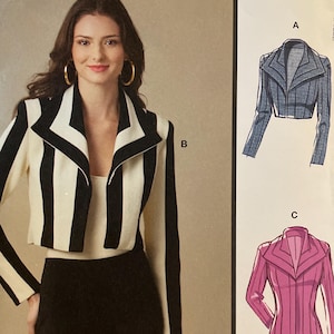 May include: McCall's sewing pattern showing a woman in a black and white striped jacket. The pattern includes multiple view options. The text "McCall's" is at the top, with "R12204" and size information on the right. The pattern is designed and printed in the USA.