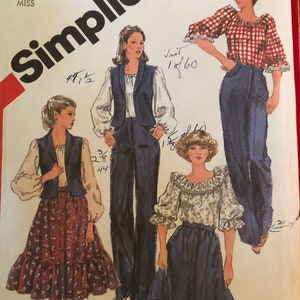 Simplicity 5357 Pattern UNCUT 1980s Vintage Pullover Blouse Ruffle Pants Unlined Vest Shawl Collar Flared Skirt Knee Length Size 12 Bust 34&quot;