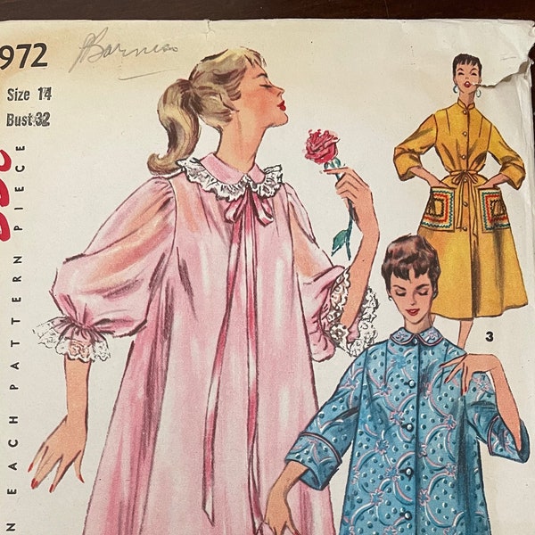 Simplicity 4972 Pattern CUT Complete 1950s Vinage Duster Negligee Lingerie and Housecoat with Buton Front Pockets Self Belt Size 14 32"