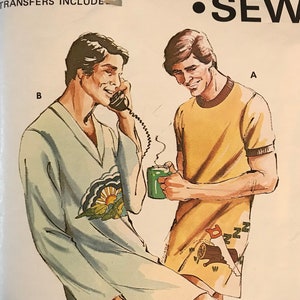 Kwik Sew 631 Pattern CUT or UNCUT 1970s Vintage Men Nightshirt Short Sleeves Round Rib Knit Band Collar V Neck Long Short Sleeves Size S M L