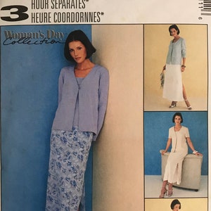 May include: A sewing pattern for a women's dress with a long skirt and a jacket. The pattern is from McCall's and is called "Hour Separates". The pattern number is 2111. The pattern is for sizes 8, 10, and 12.