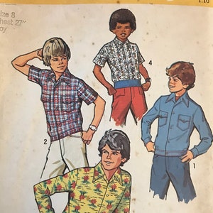 Simplicity 6372 Pattern CUT Complete 1970s Boy&#39;s Button Front Short or Pullover Top with Rib Knit Banded Hem Wide Pointed Collar Size 8 MN