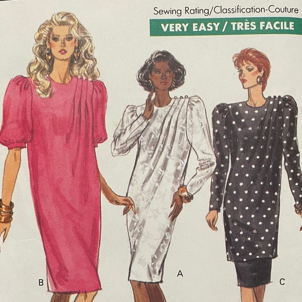 Vogue 7472 Pattern UNCUT 1980s Very Easy Jewel Neck Tunic or Dress with Gathers Tucks and Shoulder Pads and Straight Skirt Size 14 16 18
