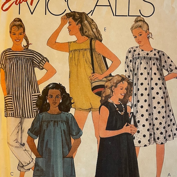 McCalls 9007 Pattern UNCUT Easy to Sew 1980s Maternity Yoke Bodice Dress or Top, Shorts, and Pants - Size XS 6 8