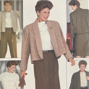 May include: Vintage sewing pattern for a women's wardrobe, featuring a jacket, skirt, and pants. The pattern includes images of the finished garments. The text on the pattern reads "TODAY'S WARDROBE ACTUALITE" and "TAILLE 10".