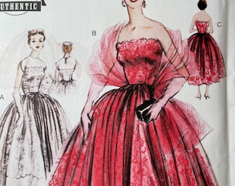 Vogue V2061 2061 Pattern UNCUT Vintage Reissue 1950s Evening Dress Bridal Gown Strapless Flared Maxi Stole Underbodice Cap Sleeves Size 8-16