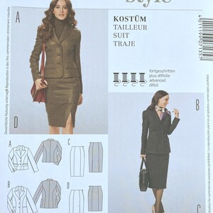 May include: A Burda Style 7135 sewing pattern envelope for a suit, featuring illustrations of a blazer and skirt in two variations. The package displays sizing information for EUR 36-48 and US 10-22, with text indicating seam and hem allowances.