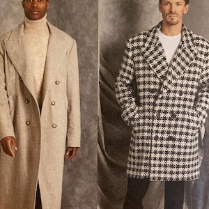 May include: Vogue Patterns sewing pattern package featuring two men's coats. One coat is a solid light gray, double-breasted design. The other is a black and white houndstooth pattern, also double-breasted. The package includes the text "Vogue Patterns" and size information.