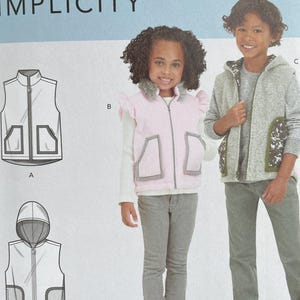 May include: Simplicity sewing pattern S9193 for children's vests and a hooded jacket, sizes 3-8. The image displays garment illustrations and two children wearing the vests and jacket. The pattern is labelled with sizes in U.S., Euro, and French measurements.