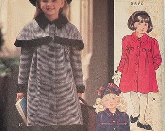 Vogue 8182 Pattern UNCUT 1990s Vintage Little Vogue Girl's Button Front Coat with Peter Pan Collar Capelet Contrast Trim Size 5 6 6X VA