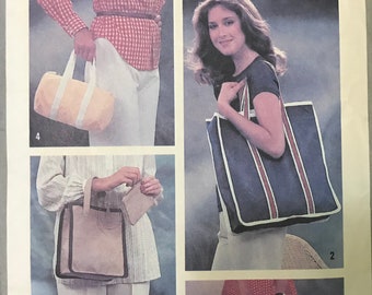 Simplicity 8874 Pattern CUT MISSING Band V2 1970s Vintage Tote Bag and Duffle wih Contrast Banding Trim Buckles - On the Go Beach Travel