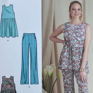 May include: Simplicity sewing pattern S9611 featuring various garment designs. The pattern includes options for a sleeveless top, wide-leg pants, shorts, and a top with a peplum. The size range is US 4-12. The pattern is designed and printed in the USA.