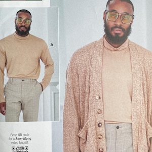May include: A sewing pattern titled "knowME" by Norris Danta Ford, featuring a man modeling a beige turtleneck, cardigan, and plaid pants. The pattern includes size BB (44-46-48-50-52). The image also includes a QR code.