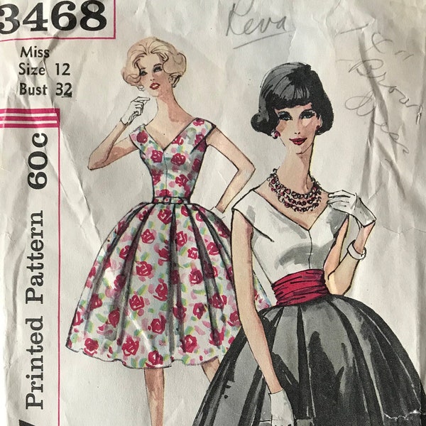Simplicity 3468 Pattern CUT Complete 1950s Fit and Flare Dress with Portrait Collar V Neckline and Cummerbund Belt Size 12 Bust 32