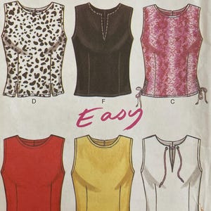May include: A New Look sewing pattern featuring six top variations. The pattern includes designs with animal print, lace, and tie details. The size range is 10-22.