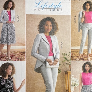May include: A Butterick sewing pattern, B6718, featuring a Lifestyle Wardrobe. The pattern includes options for a blazer, pants, skirt, and dress. The cover shows a woman in various outfits, including a gray suit and a pink top.